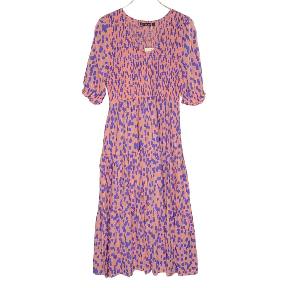 Mister Zimi 10 NEW Womens Josie Midi Dress Smocked Pacifico Pink Purple Coquette
